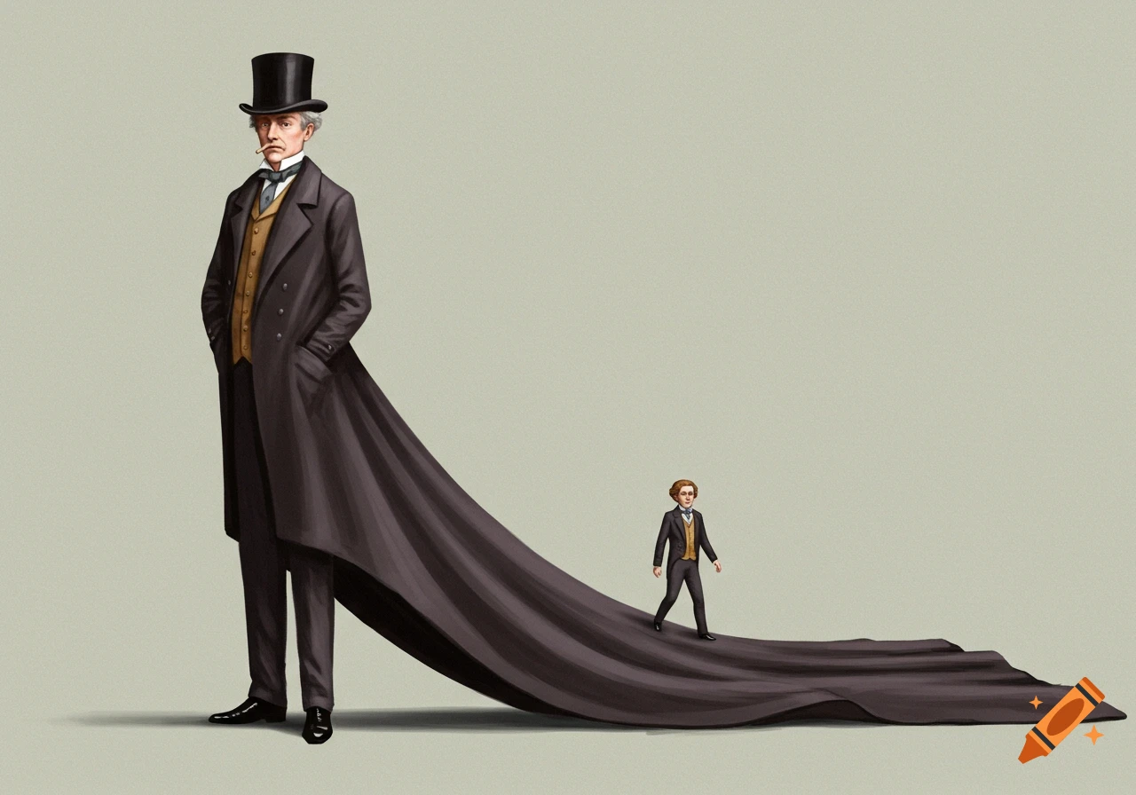 Illustration of a tall, distinguished man in a top hat and long coat with a small man walking on his trailing coattail.