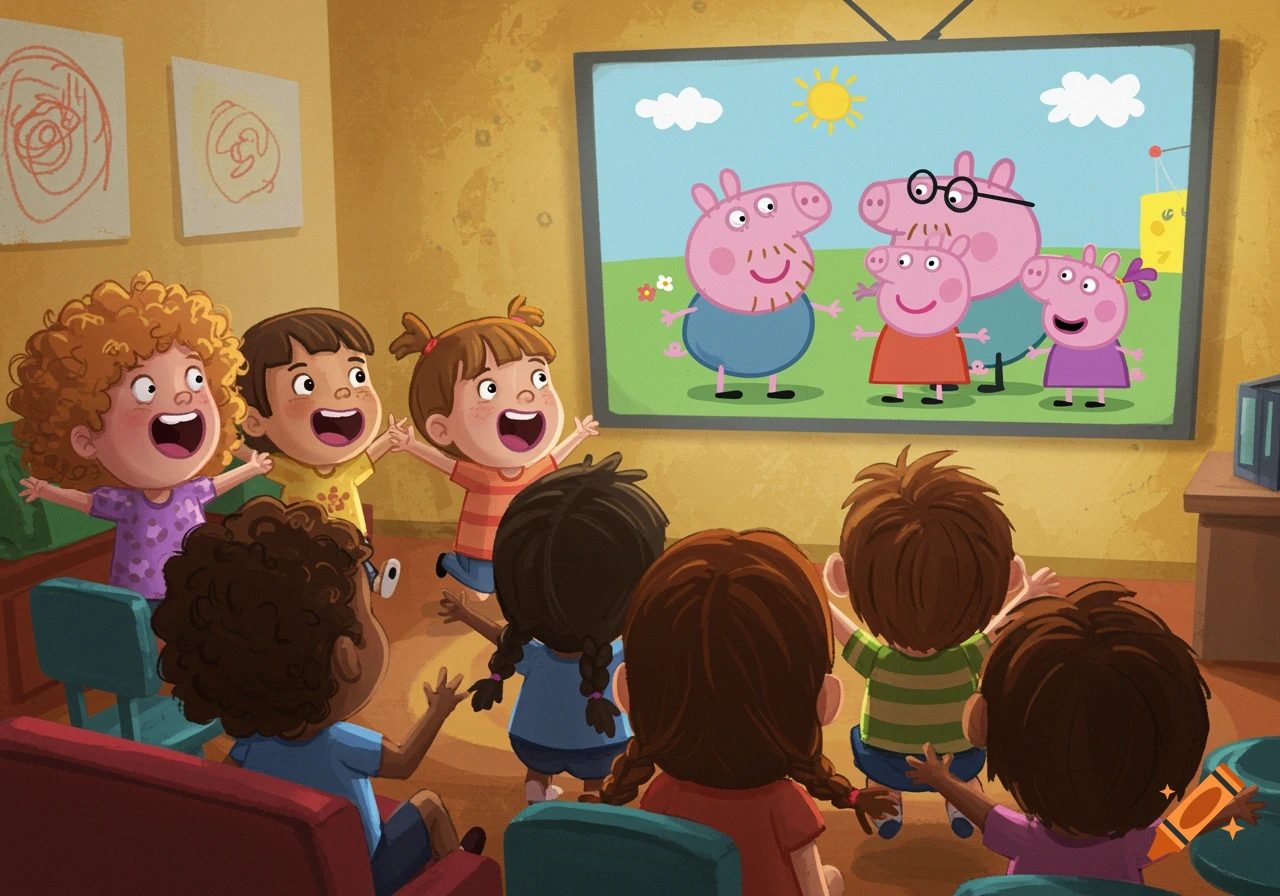 Children with open mouths and wide eyes watch Peppa Pig on a television screen in a warm-toned room.