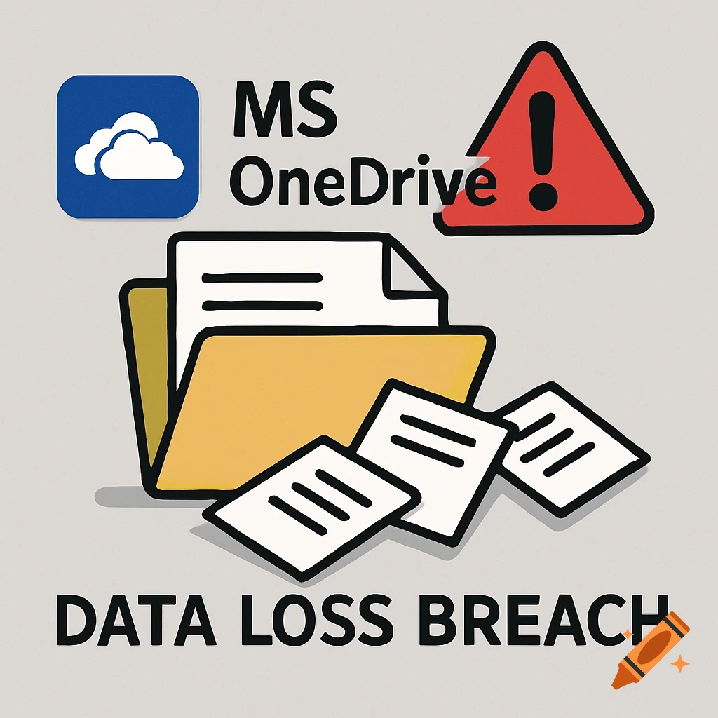 An illustration depicts the MS OneDrive logo, a red warning triangle, a folder with spilling papers, and the text 'DATA LOSS BREACH'.