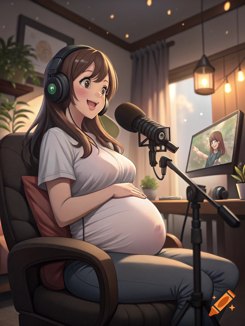 An anime pregnant woman with headphones and a microphone smiles while streaming at her desk.