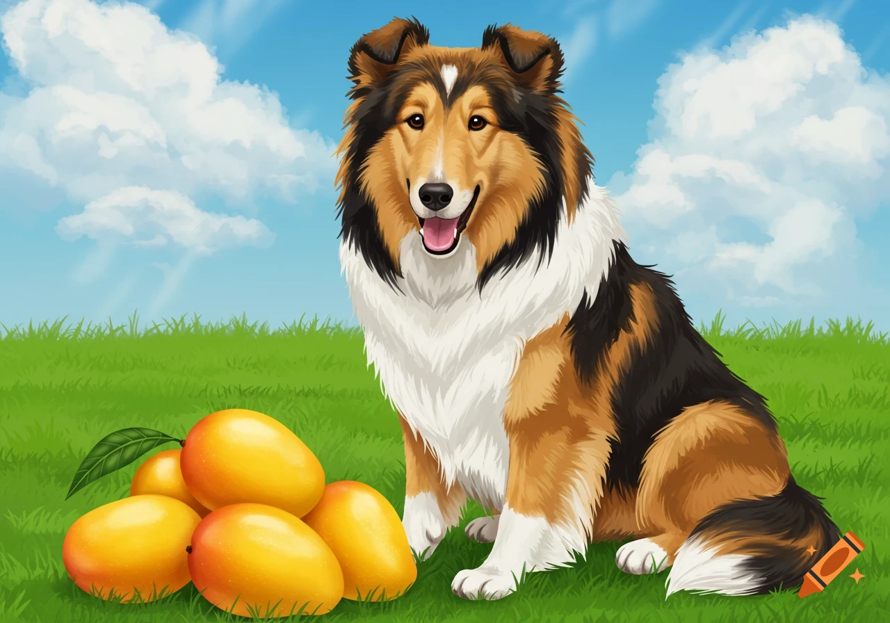 An illustrated Collie dog sits on green grass next to a pile of mangoes under a blue sky with clouds.