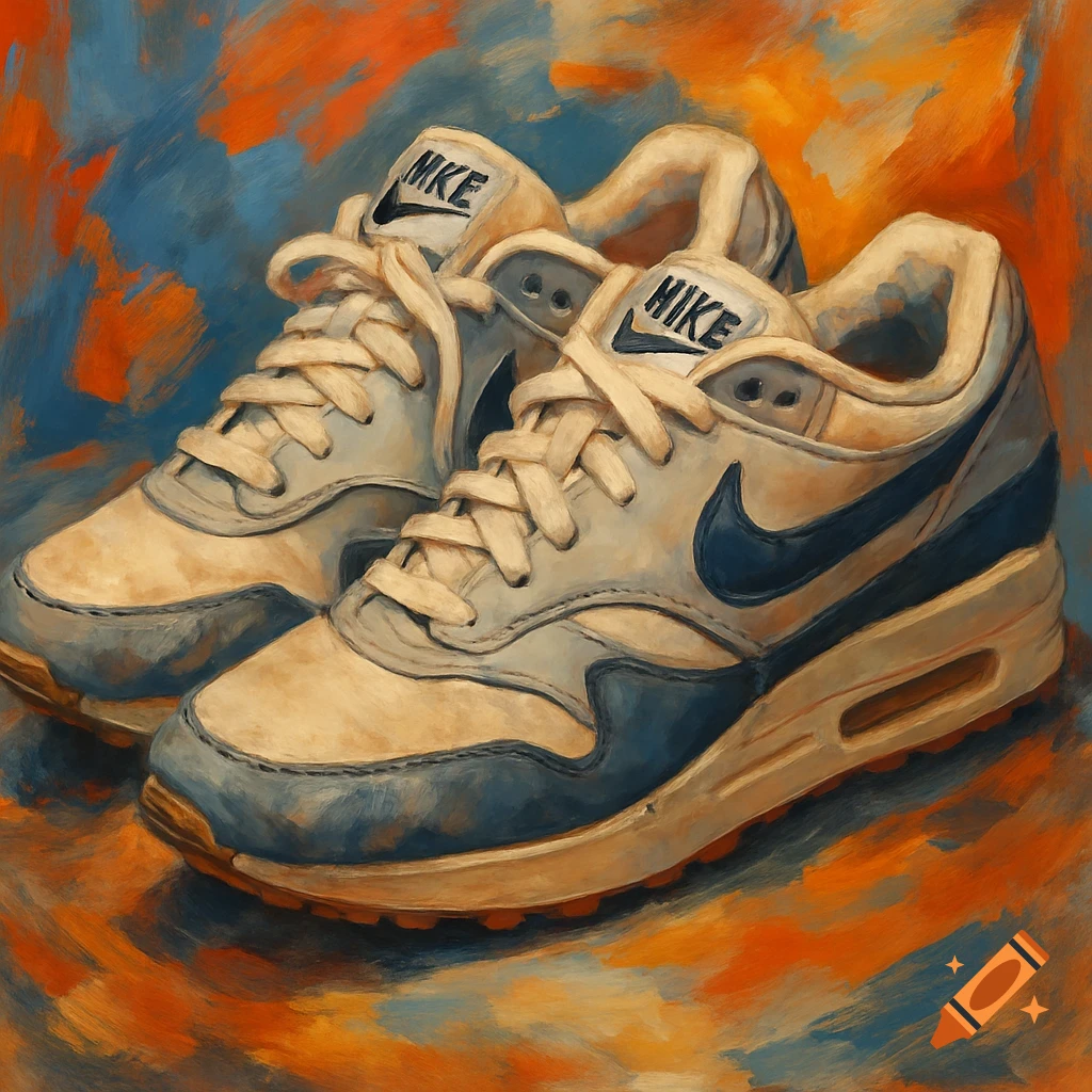 Two pairs of light-colored sneakers with blue accents, painted in an expressive oil art style with orange and blue colors.