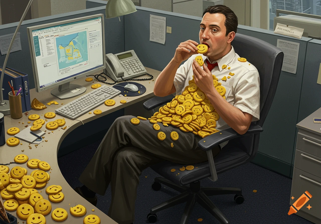 A man in an office cubicle eats a pile of yellow smiley-face cookies, with many more cookies and crumbs scattered across his desk and shirt.