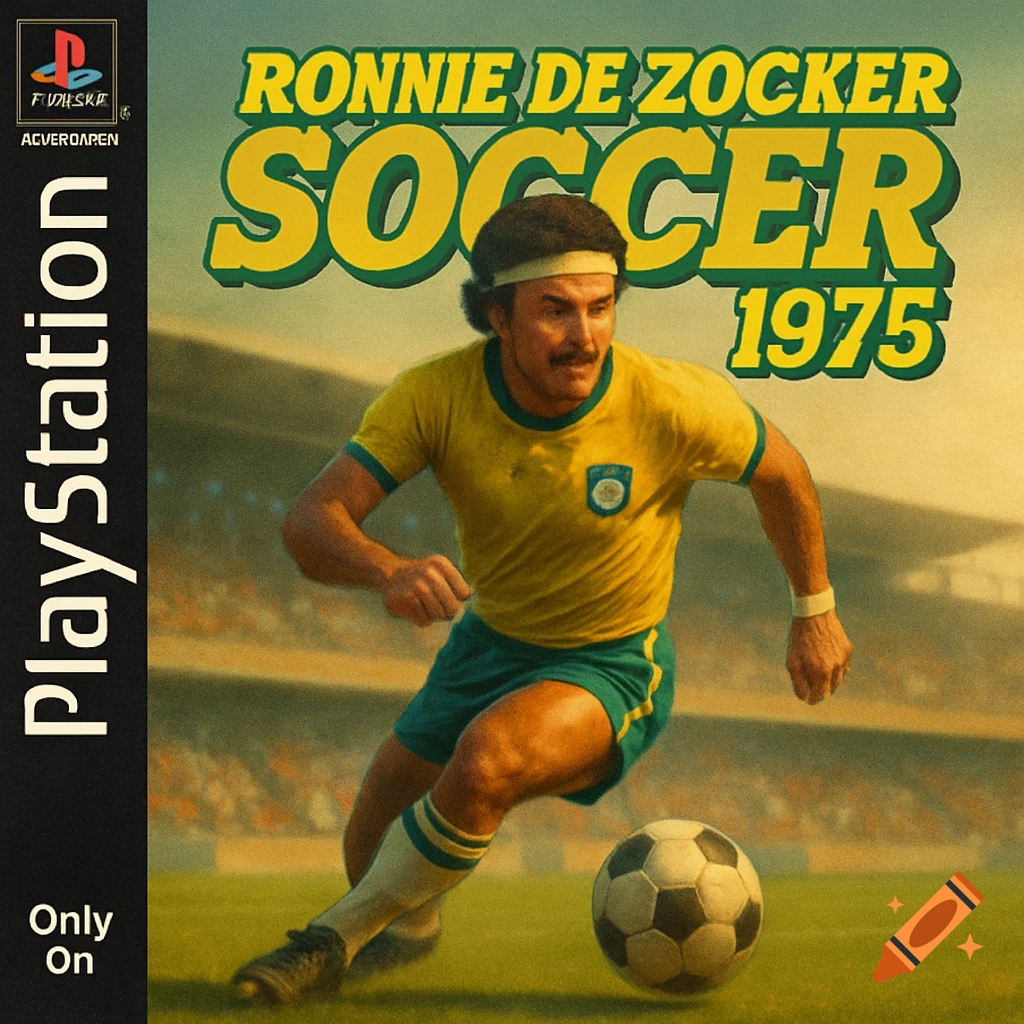 A retro-style PS1 game cover for "Ronnie De Zocker Soccer 1975" featuring a 70s soccer player in a yellow and green uniform dribbling a ball on a sunny stadium.