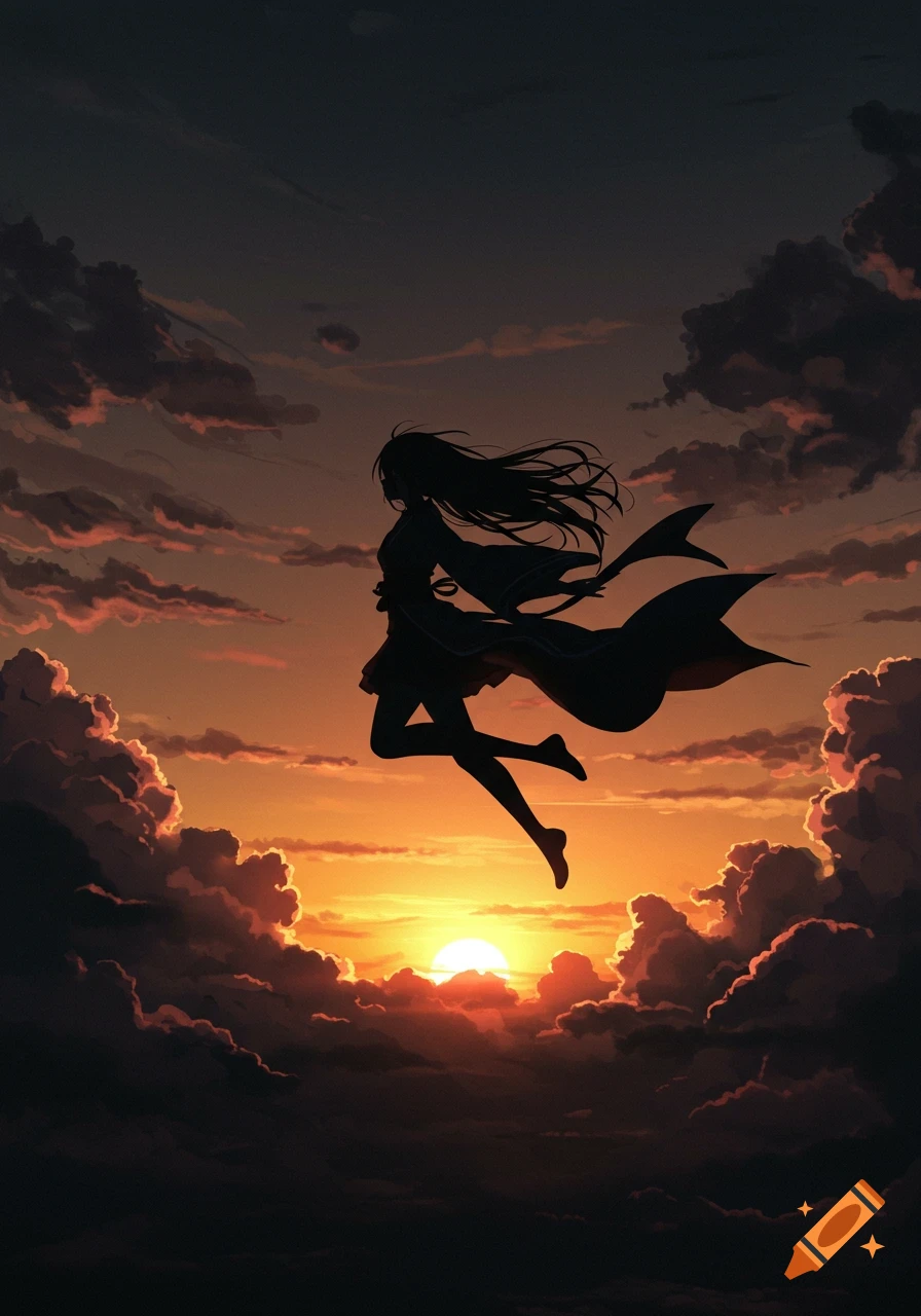 Silhouette of an anime woman flying among dramatic clouds during sunset.