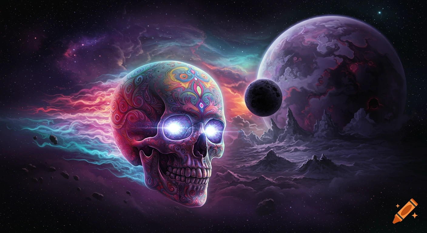 A vibrant, patterned psychedelic skull with glowing eyes streaks through space past a dark planet and its moon.