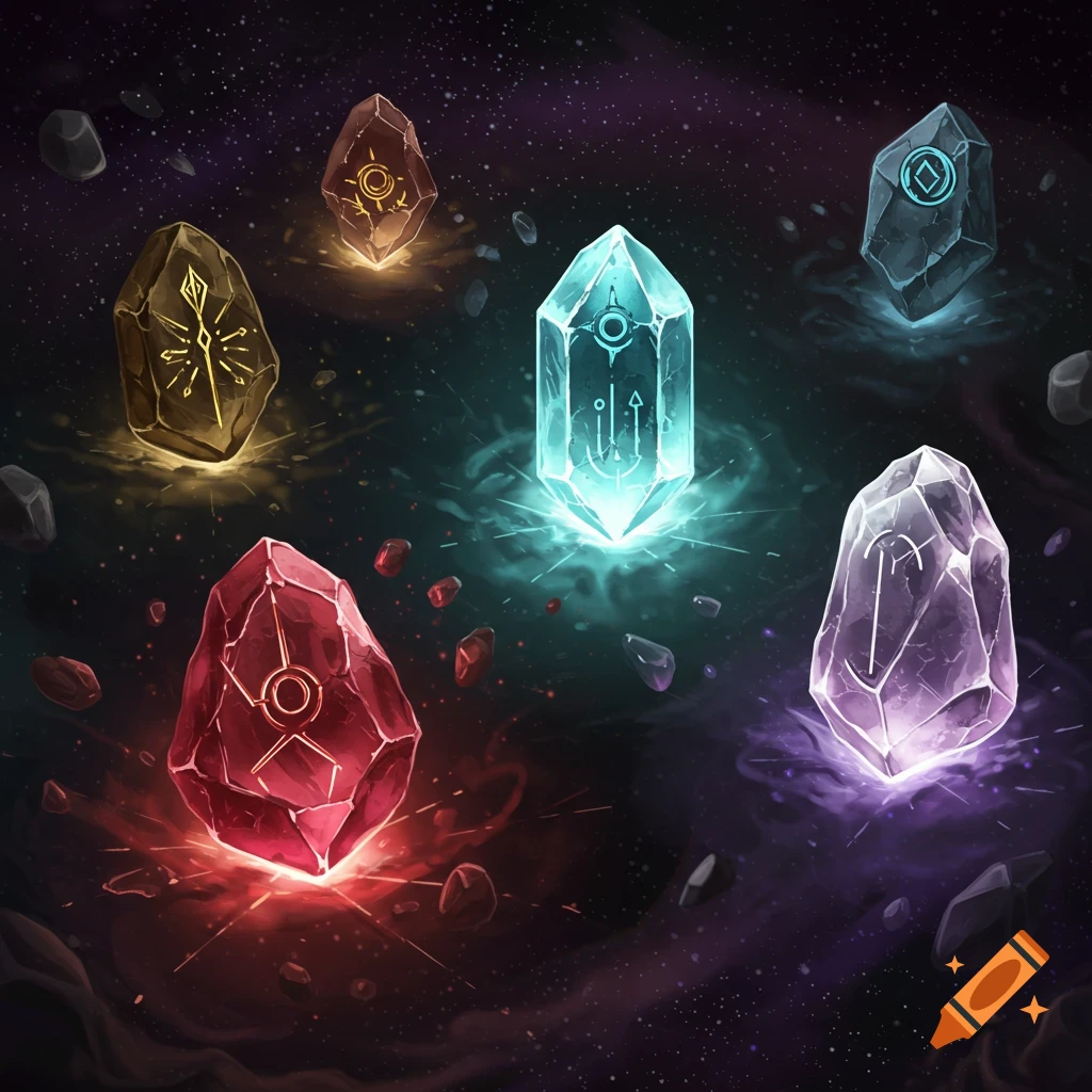 Glowing, abstract, colorful crystals with etched symbols float in a dark cosmic space with smaller rocks.