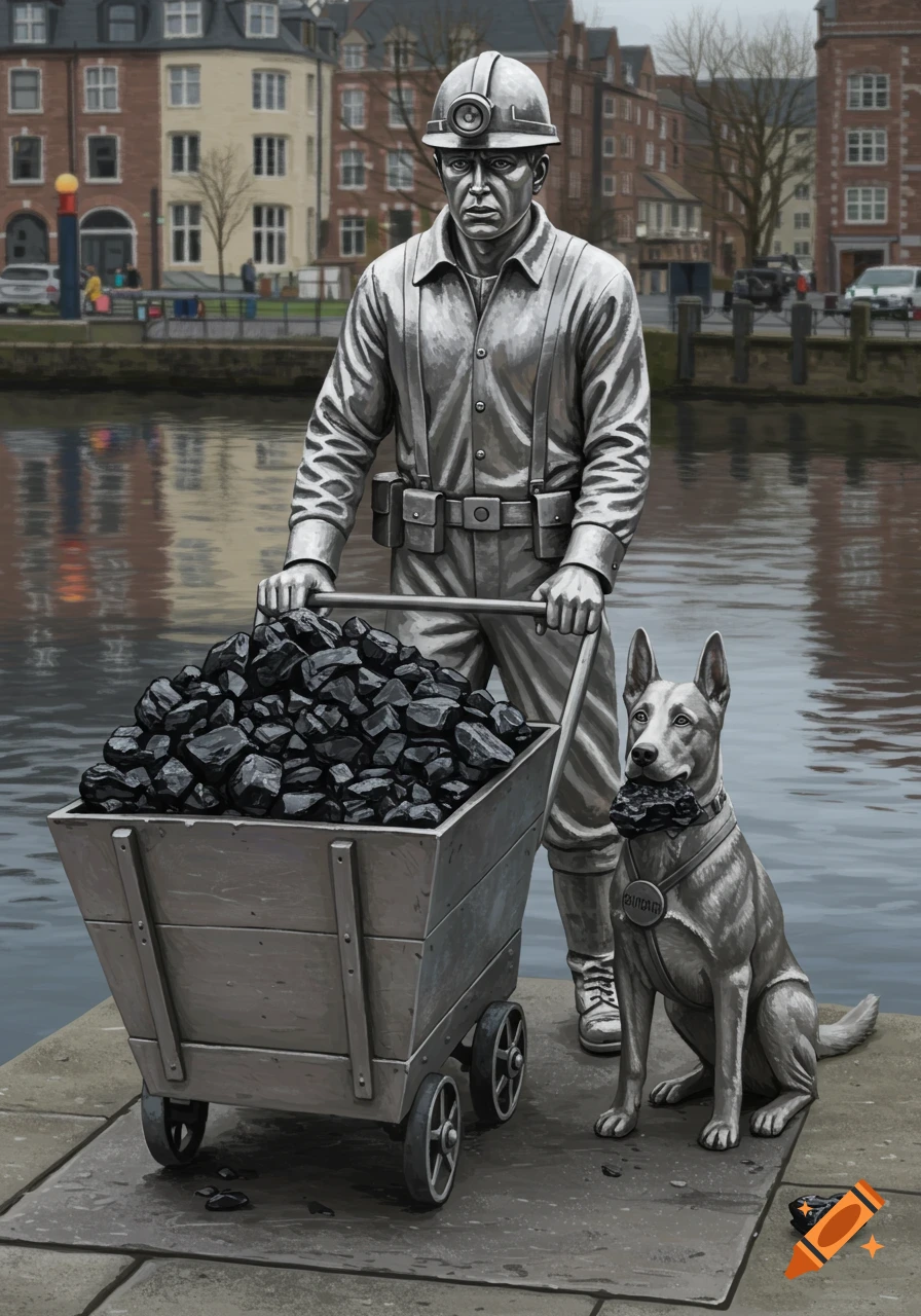 A silver statue of a miner pushing a coal cart, next to a silver statue of a dog holding a piece of coal, by a river.
