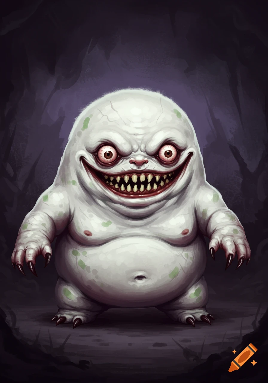 A chubby white monster with red eyes, sharp teeth, and claws, smiling menacingly in a dark setting, illustrative style.
