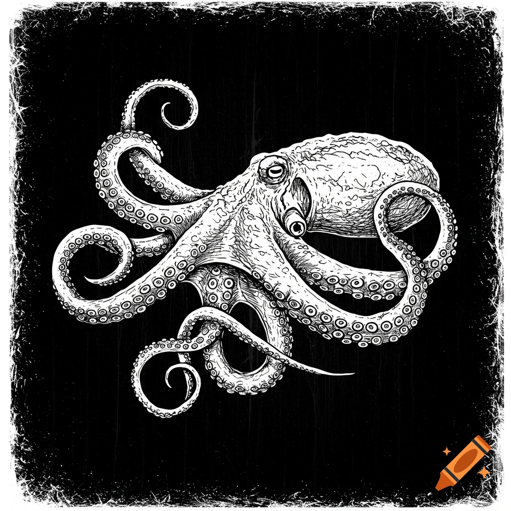 White octopus illustration on a black background with a distressed border, in a death metal style.