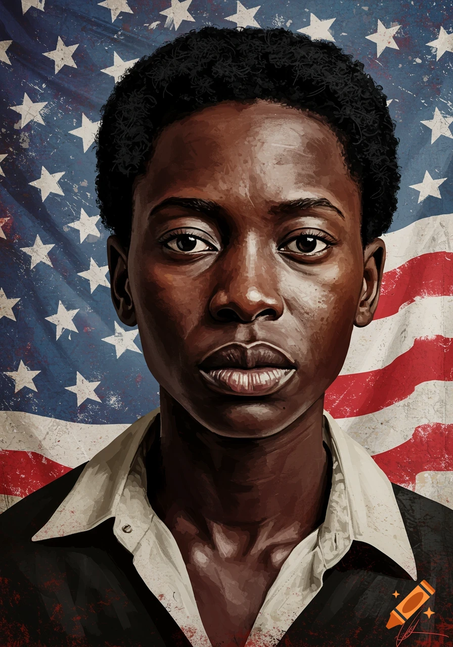 Close-up digital painting of a serious young Black person against a distressed American flag background.
