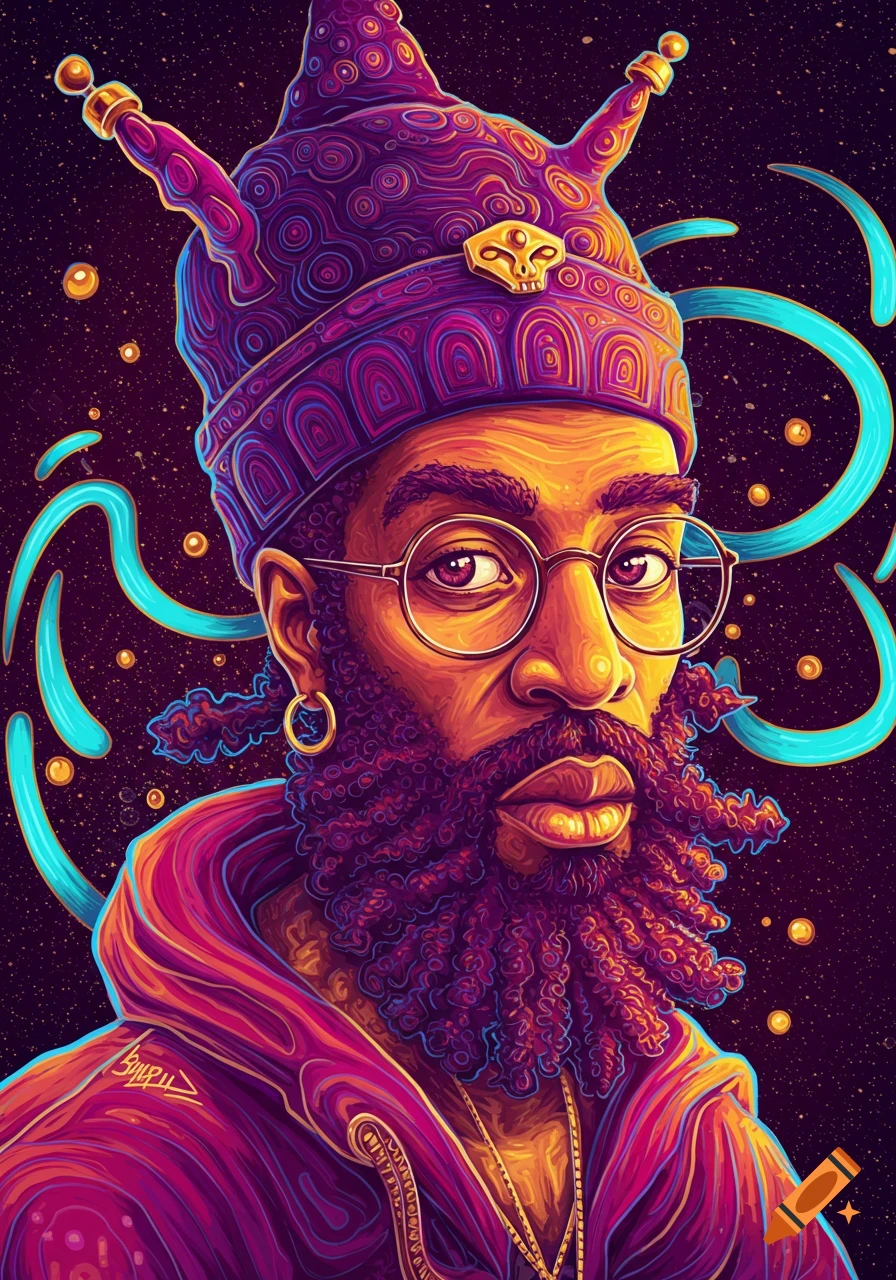 Vibrant, psychedelic portrait of a man with a beard, glasses, and an ornate, colorful hat, set against a dark, starry background.