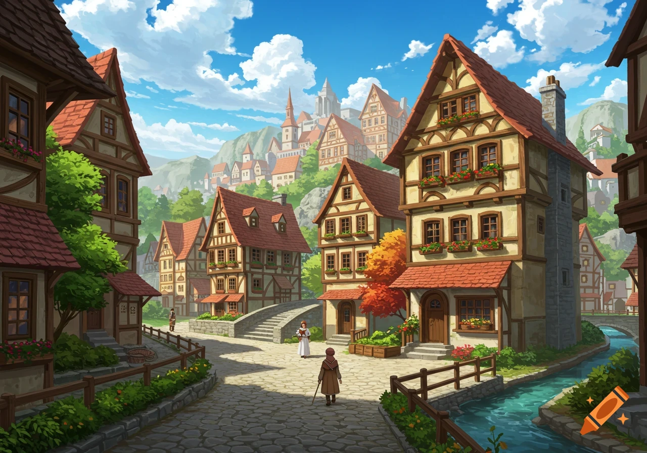 A charming fantasy village with half-timbered houses, a river, and cobblestone paths under a blue sky.