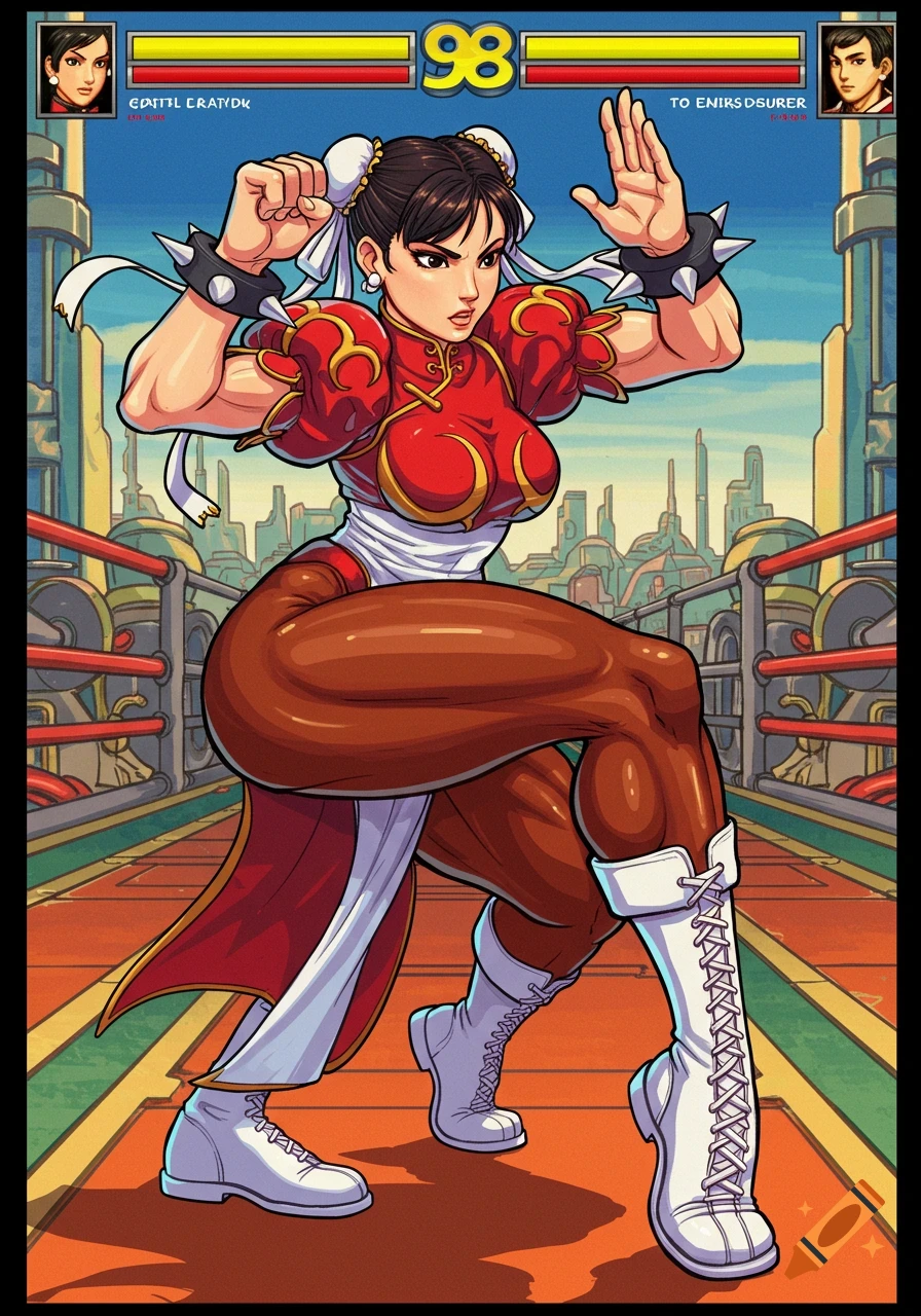 Chun-Li in her red qipao and white boots, ready to fight, in a video game-style arena with UI elements.