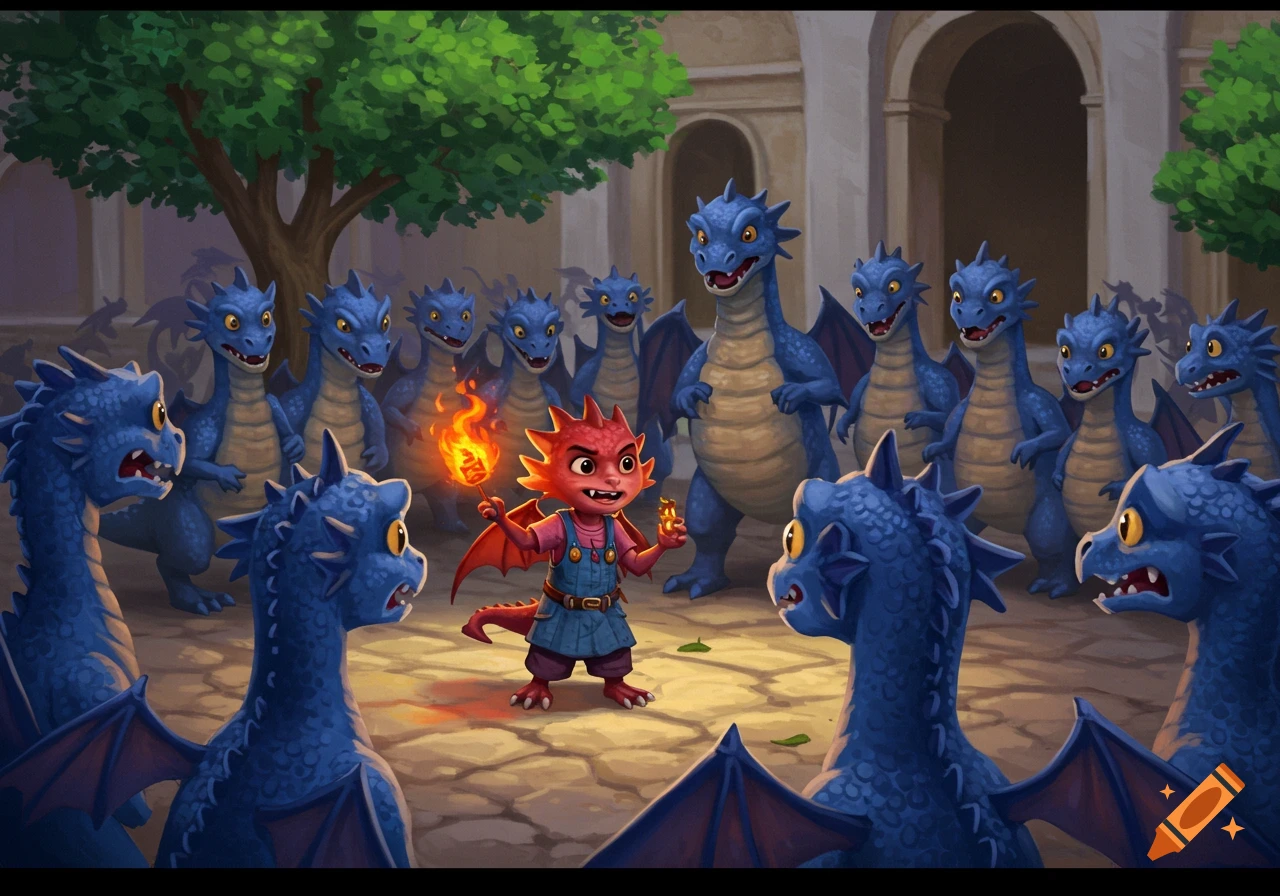 A small red dragon with fiery hands faces a group of larger blue dragons in a stone courtyard, with a tree and archways in the background. Illustrative style.