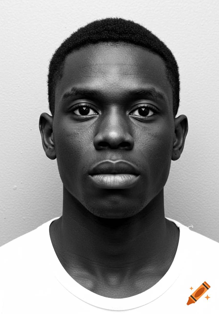 A black and white portrait of a young man looking directly at the camera.