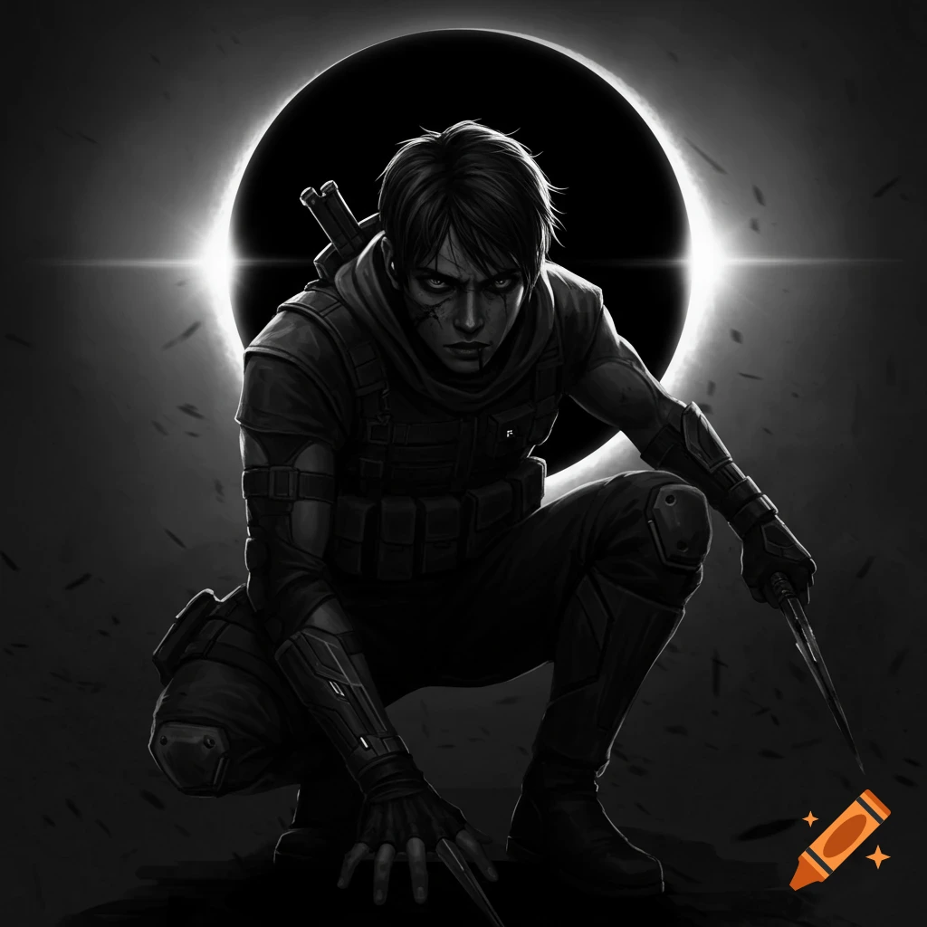 A stylized black and white illustration of an assassin in tactical gear, crouching with knives against a solar eclipse background.