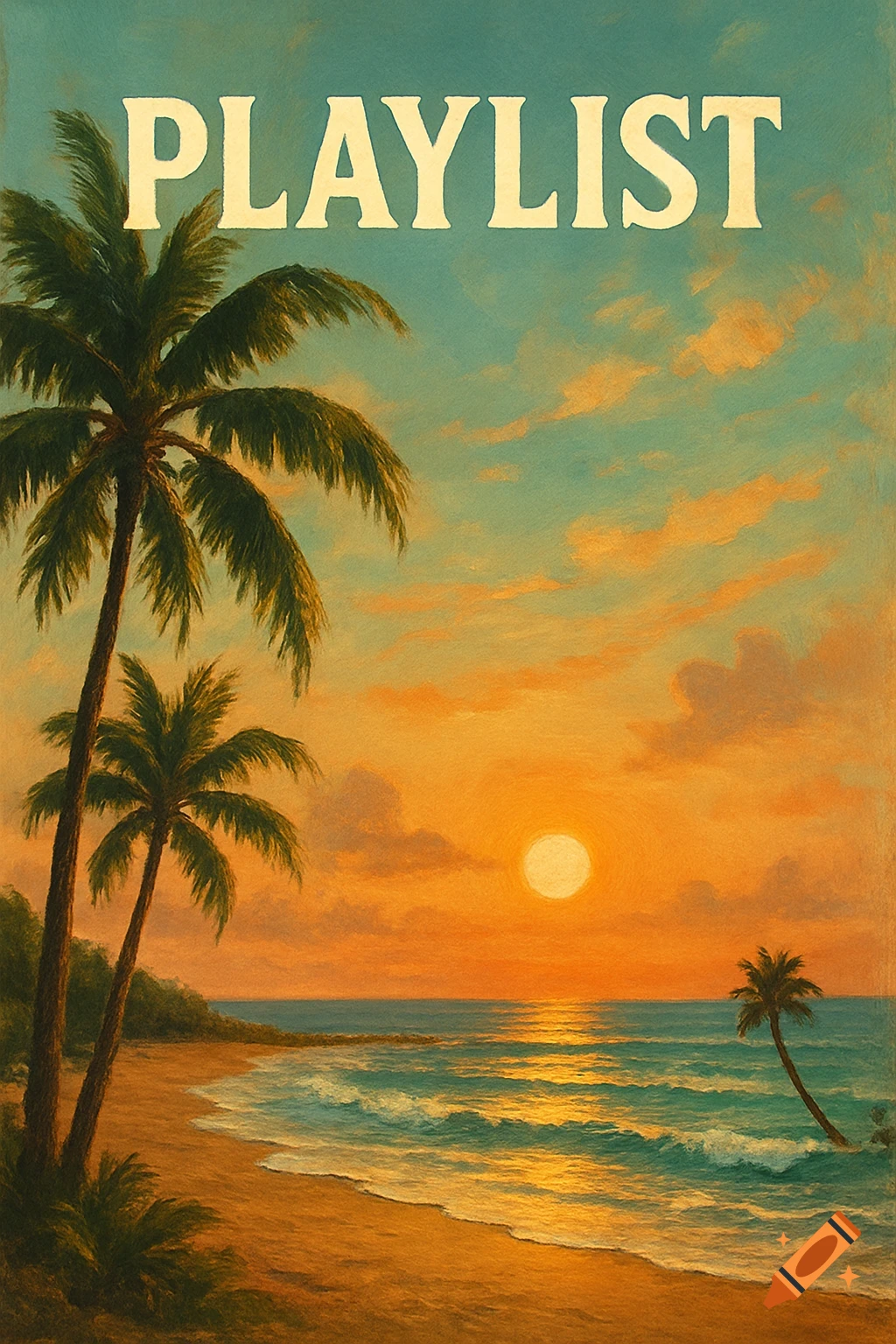 A painterly image of a tropical beach sunset with palm trees and the word 'PLAYLIST' at the top.