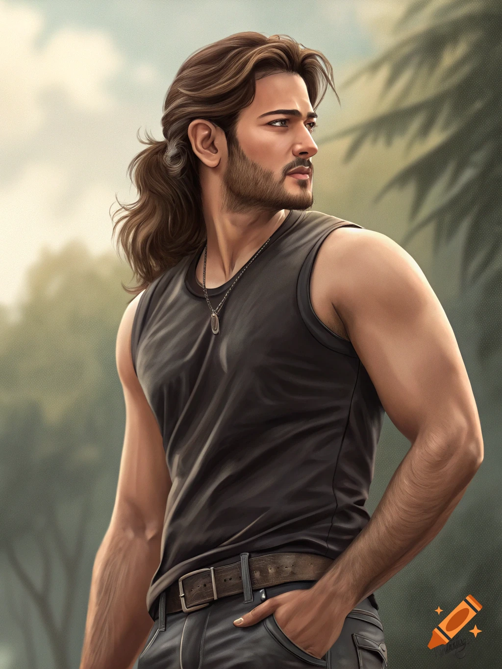 A photorealistic digital painting of a man with long brown hair in a ponytail, beard, and black tank top, looking to the right.