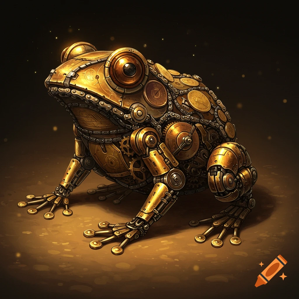 A detailed steampunk frog made of golden gears, chains, and coins sits in the dark with glowing accents.