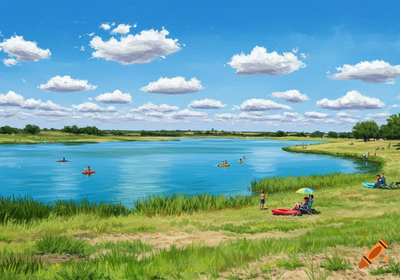 A vibrant painting of a sunny lake scene with people kayaking and relaxing on the grassy shores.