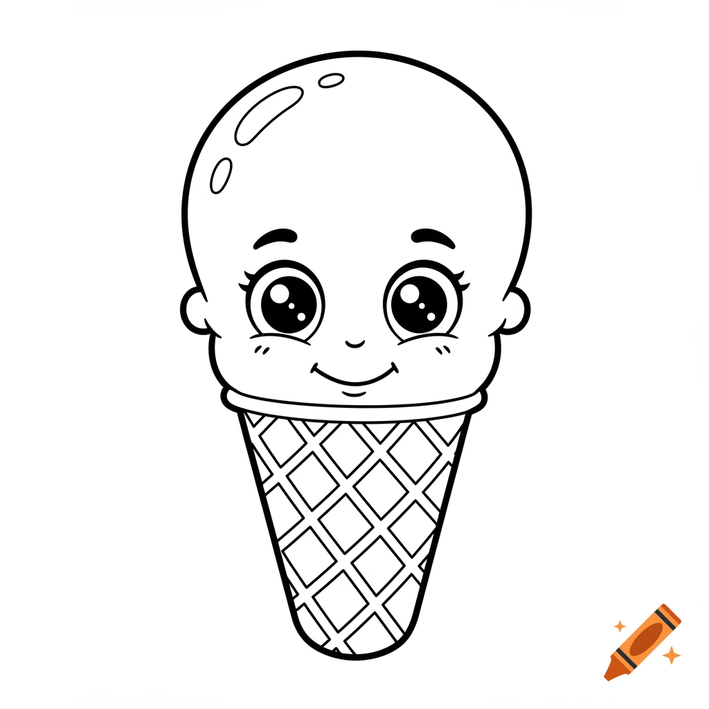 A black and white cartoon drawing of a cute ice cream cone character smiling, for a coloring page.