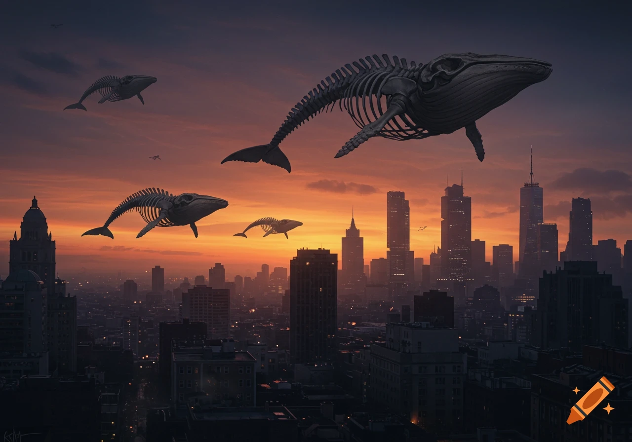 Photorealistic fantasy image of several giant skeleton whales flying over a dark cityscape with skyscrapers against an orange sunset sky.