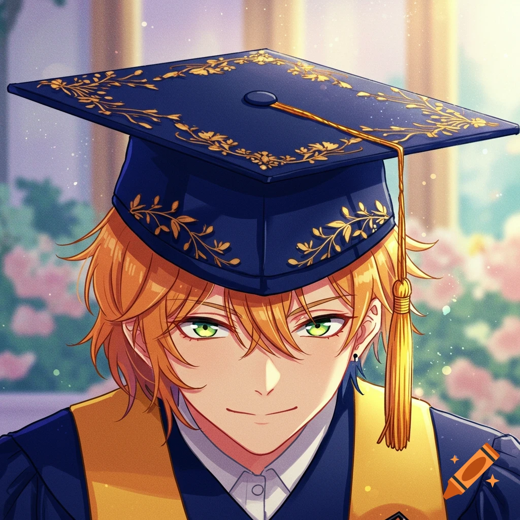 An anime-style character with orange hair and green eyes wearing a blue and gold graduation cap and gown, smiling slightly.