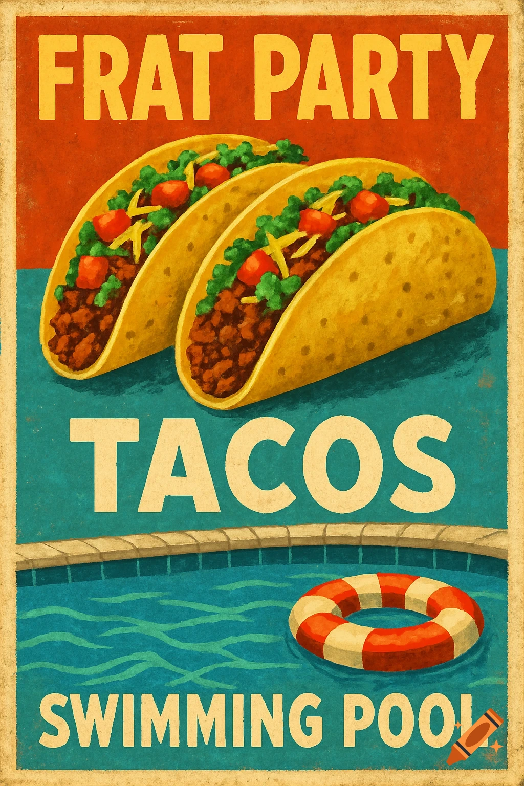 A vintage-style poster advertising a frat party, featuring two tacos, a swimming pool, and a life preserver. Text reads 'FRAT PARTY TACOS SWIMMING POOL'.
