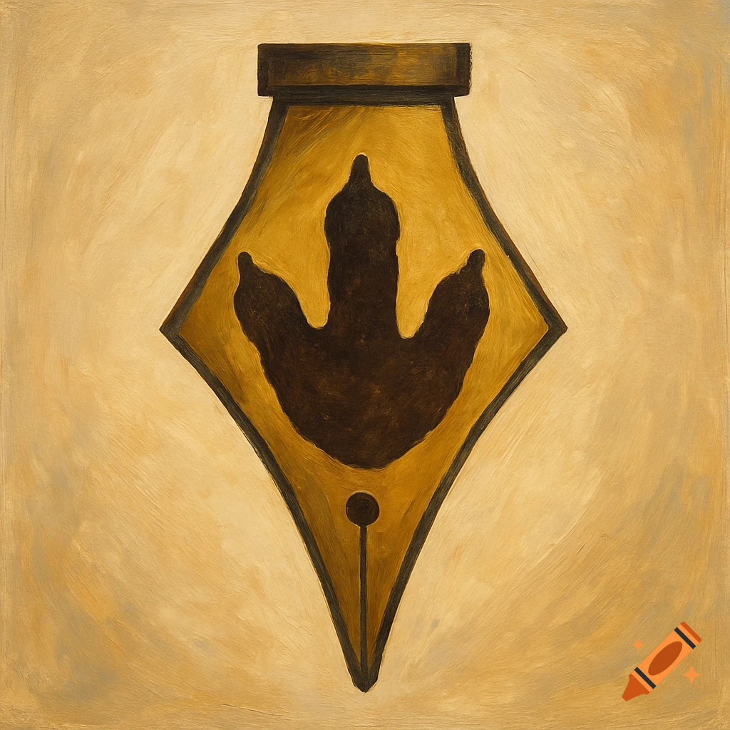 A painterly logo features a dark brown dinosaur footprint inside a golden fountain pen nib, set against a light brown textured background.