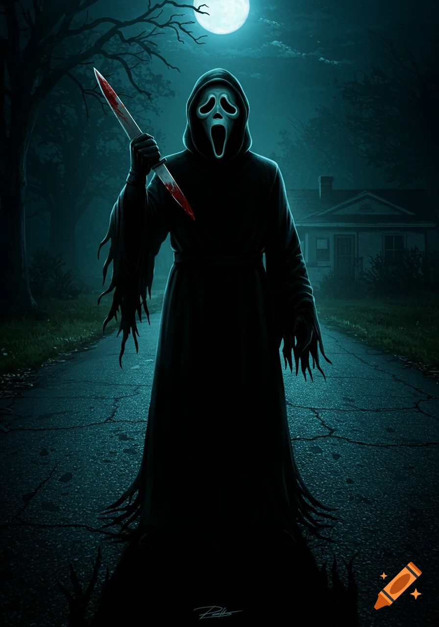 Ghostface in a black robe holds a bloody knife on a dark road under a full moon, with a house in the background. Stylized horror illustration.
