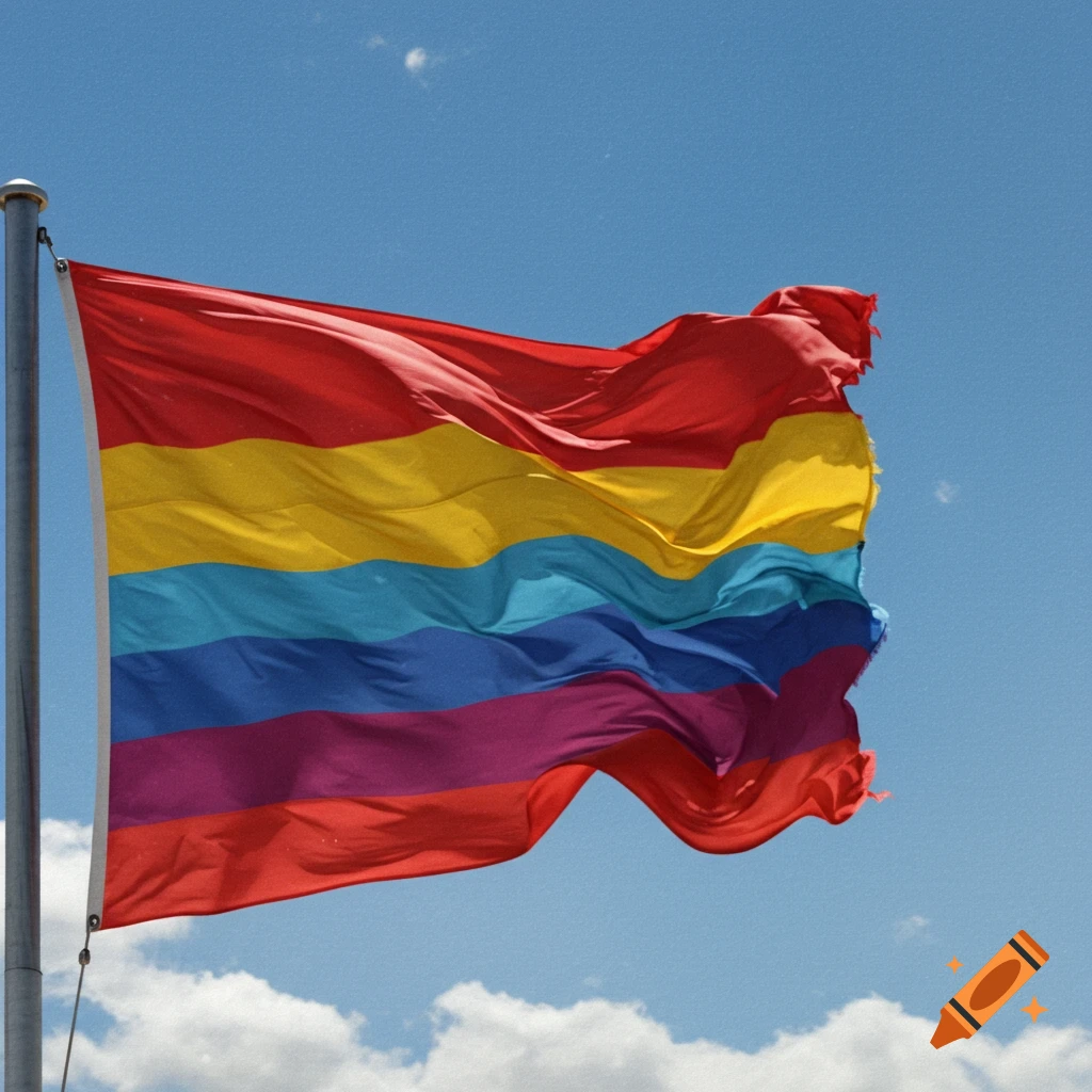 A multi-colored striped flag waves in the wind against a bright blue sky with white clouds.