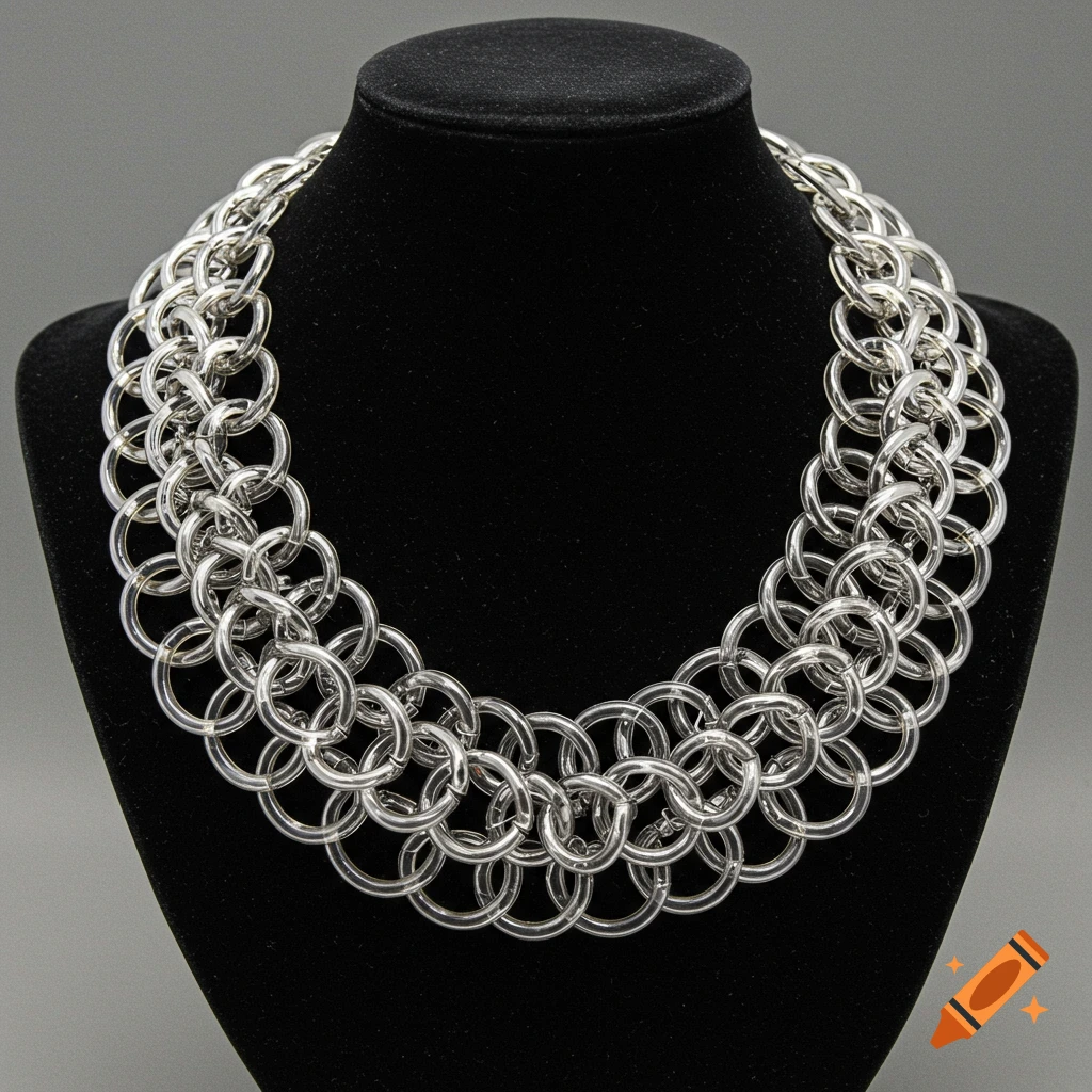 A shiny silver chainmail-like necklace displayed on a black mannequin against a grey background.