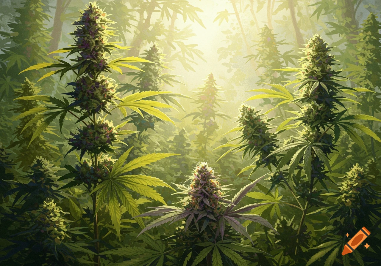 Lush cannabis plants with mature buds fill a sunlit forest, depicting a rich botanical scene.