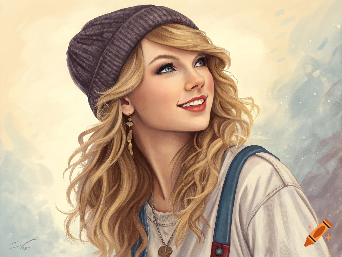 Digital painting of a smiling young woman with blonde hair and blue eyes, wearing a beanie and overalls, looking upward.