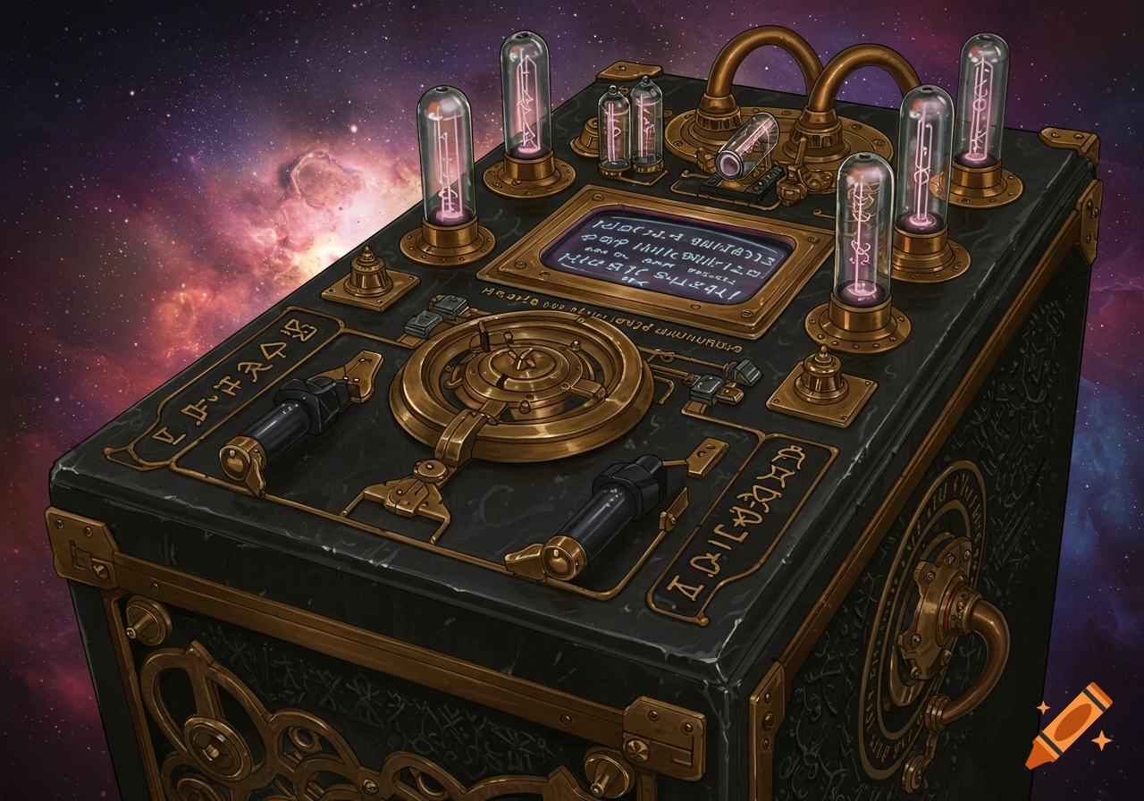 An elaborate arcane computer with glowing vacuum tubes, intricate bronze gears, and an alien script display, set against a cosmic background.
