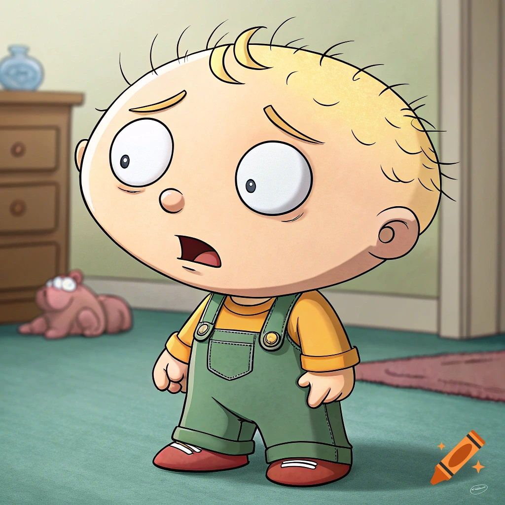 Stewie Griffin, a cartoon baby with a large, bulging head, looks shocked while standing in a room.