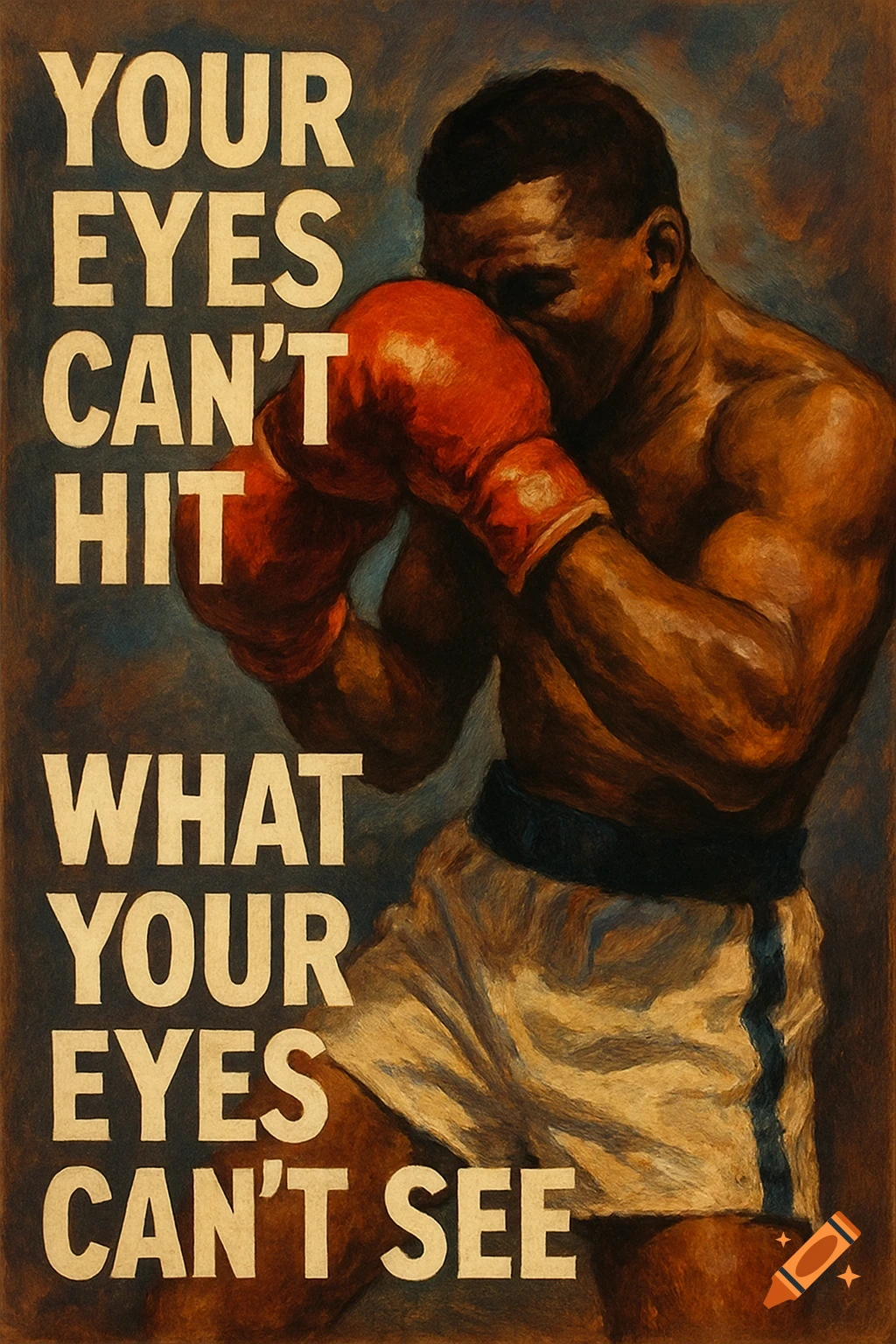 A vintage painting-style poster features a boxer in a defensive stance, with the text 'YOUR EYES CAN'T HIT WHAT YOUR EYES CAN'T SEE'.
