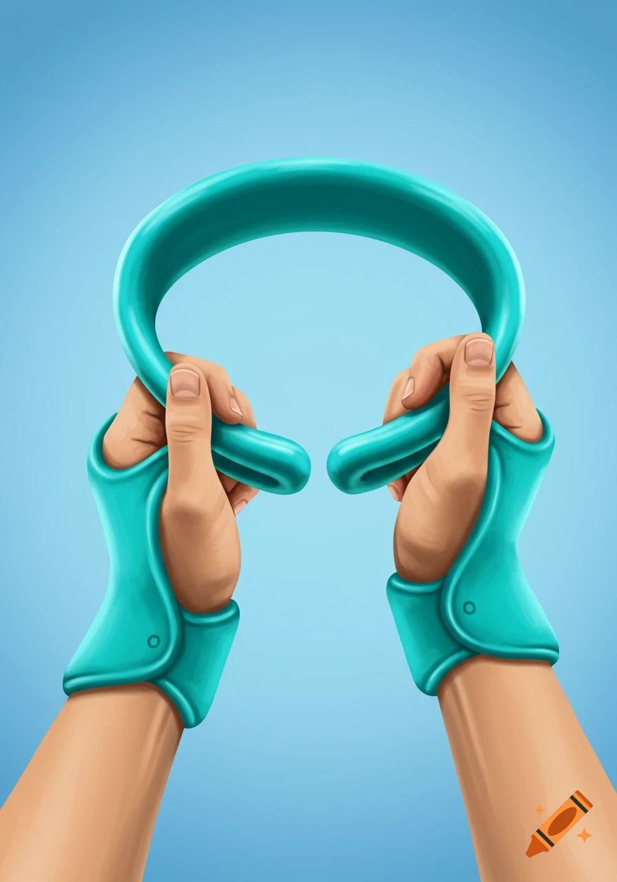 Two hands in teal wrist supports hold up a teal crescent-shaped band against a blue background.