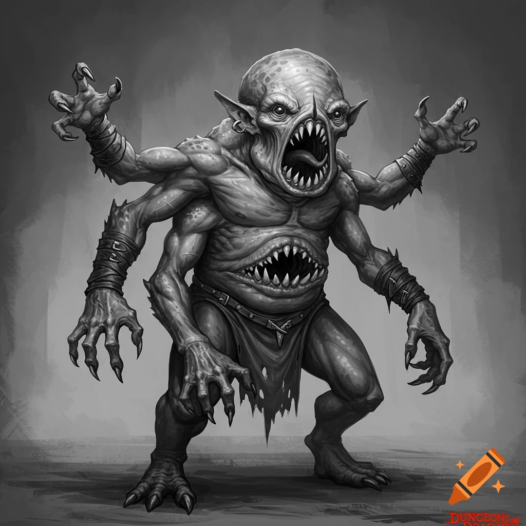 A monstrous four-armed humanoid with a gaping vertical mouth on its head and another on its torso, in a black and white sketch style.
