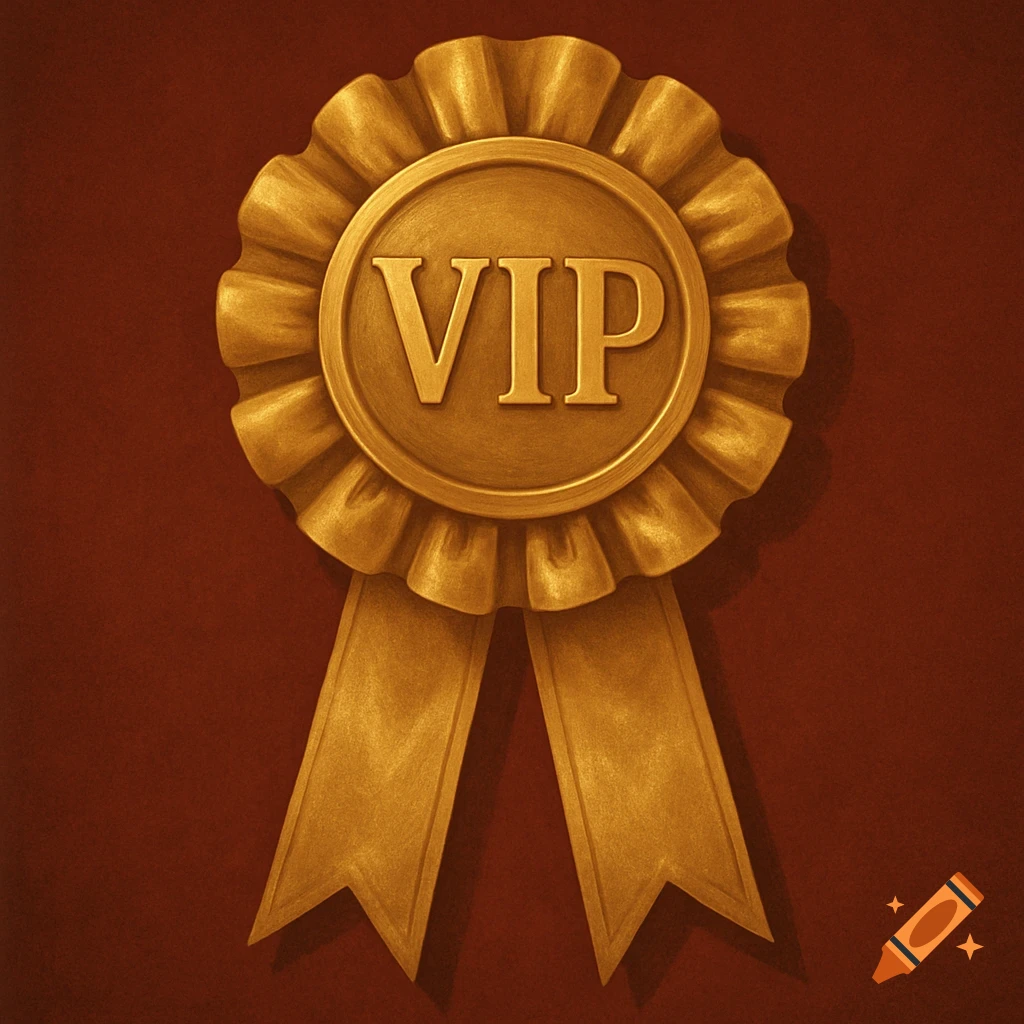 A shiny gold ribbon with the letters VIP on it, set against a dark reddish-brown background.