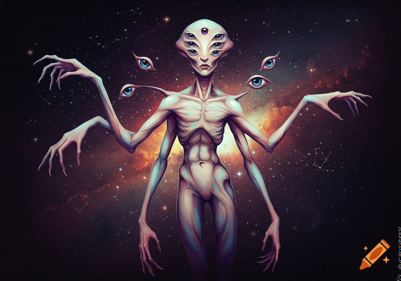 A stylized multi-limbed and multi-eyed alien creature with pale skin stands against a backdrop of a nebula and stars in this digital art piece.
