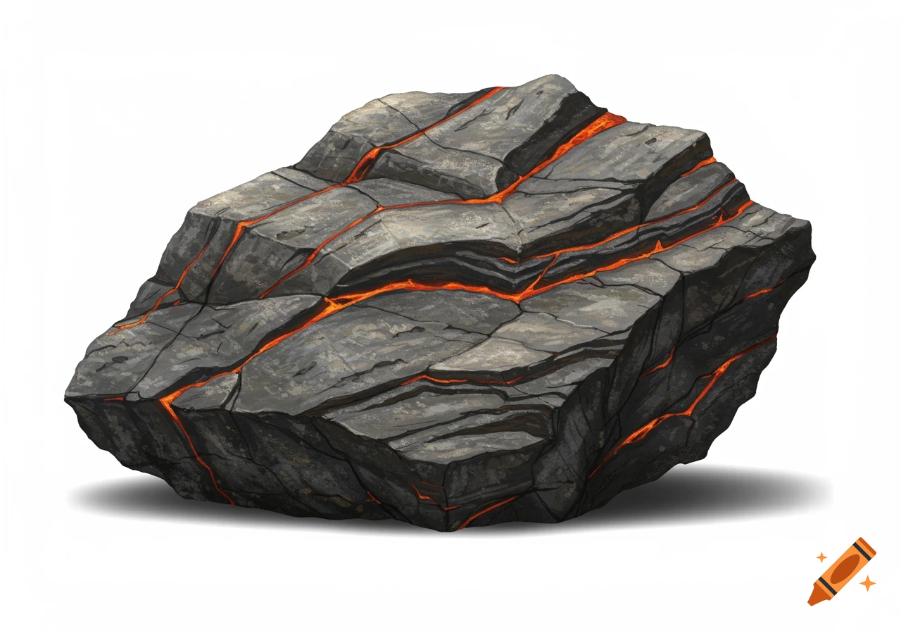 A stylized illustration of a dark grey rock with glowing orange lava cracks on a white background.