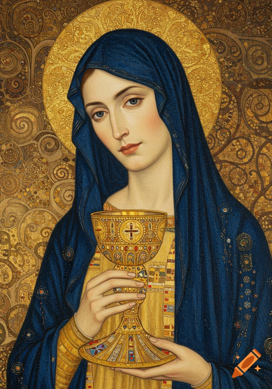 A Gustav Klimt-style oil painting portrait of the Virgin Mary in a blue veil holding a golden ornate chalice, against a richly decorated golden background.