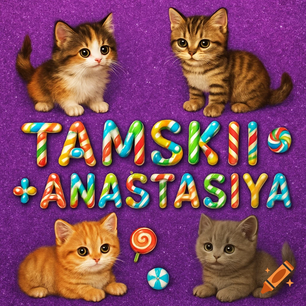 Four cute kittens on a purple glitter background, with 'TAMSKII +ANASTASIYA' in colorful candy letters and small candies.
