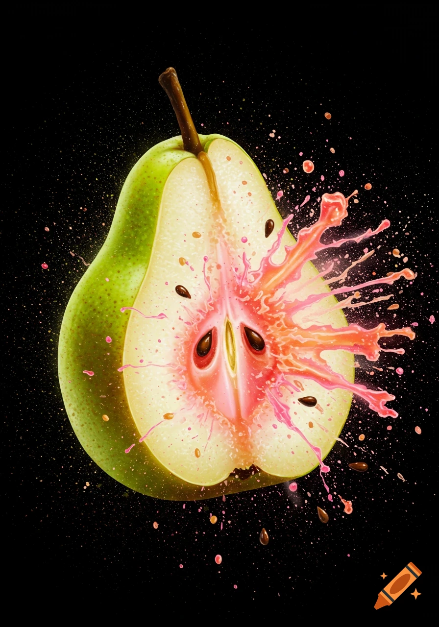 A pear cut in half with vibrant pink and orange liquid exploding from its core against a black background.