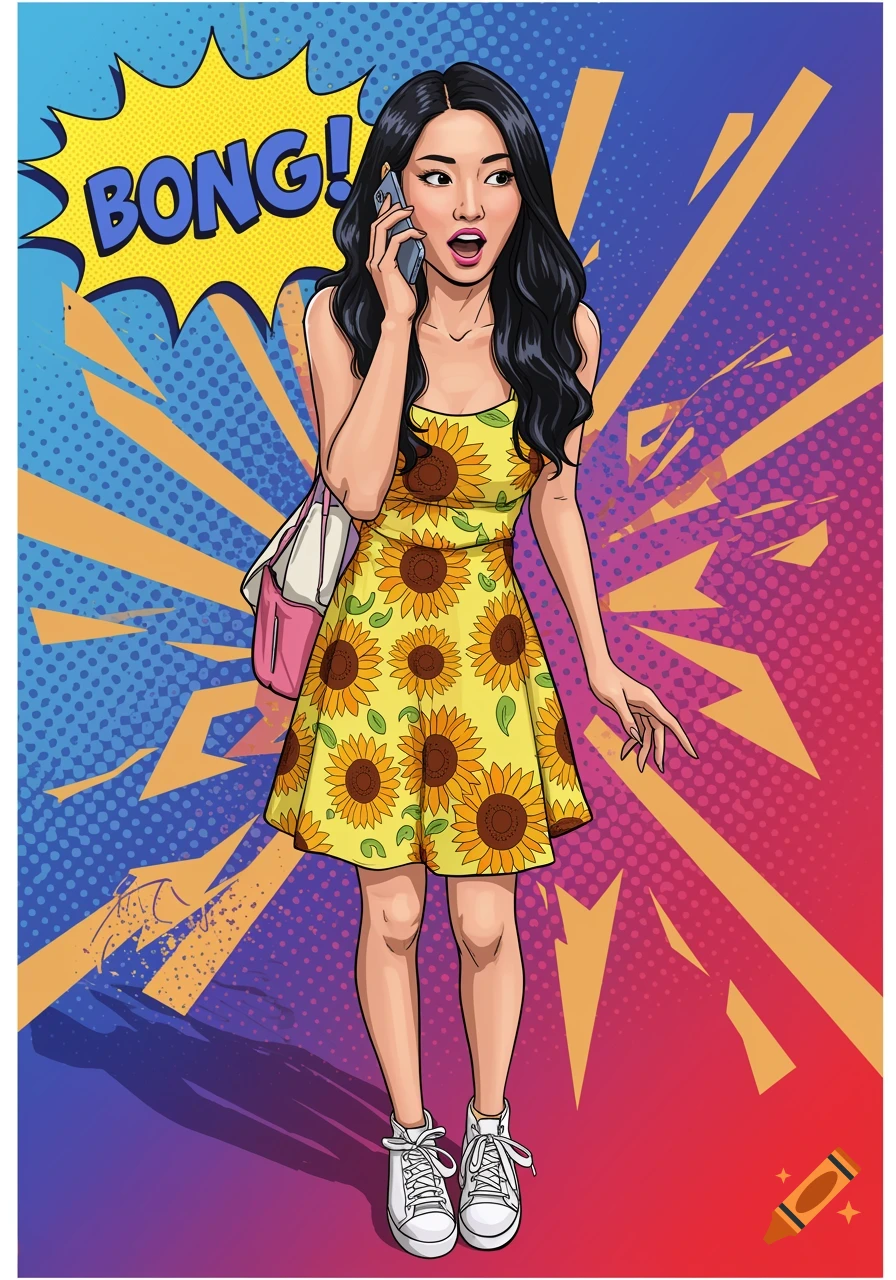 A pop art style illustration of a surprised woman in a sunflower dress talking on a phone, with a 'BONG!' speech bubble.