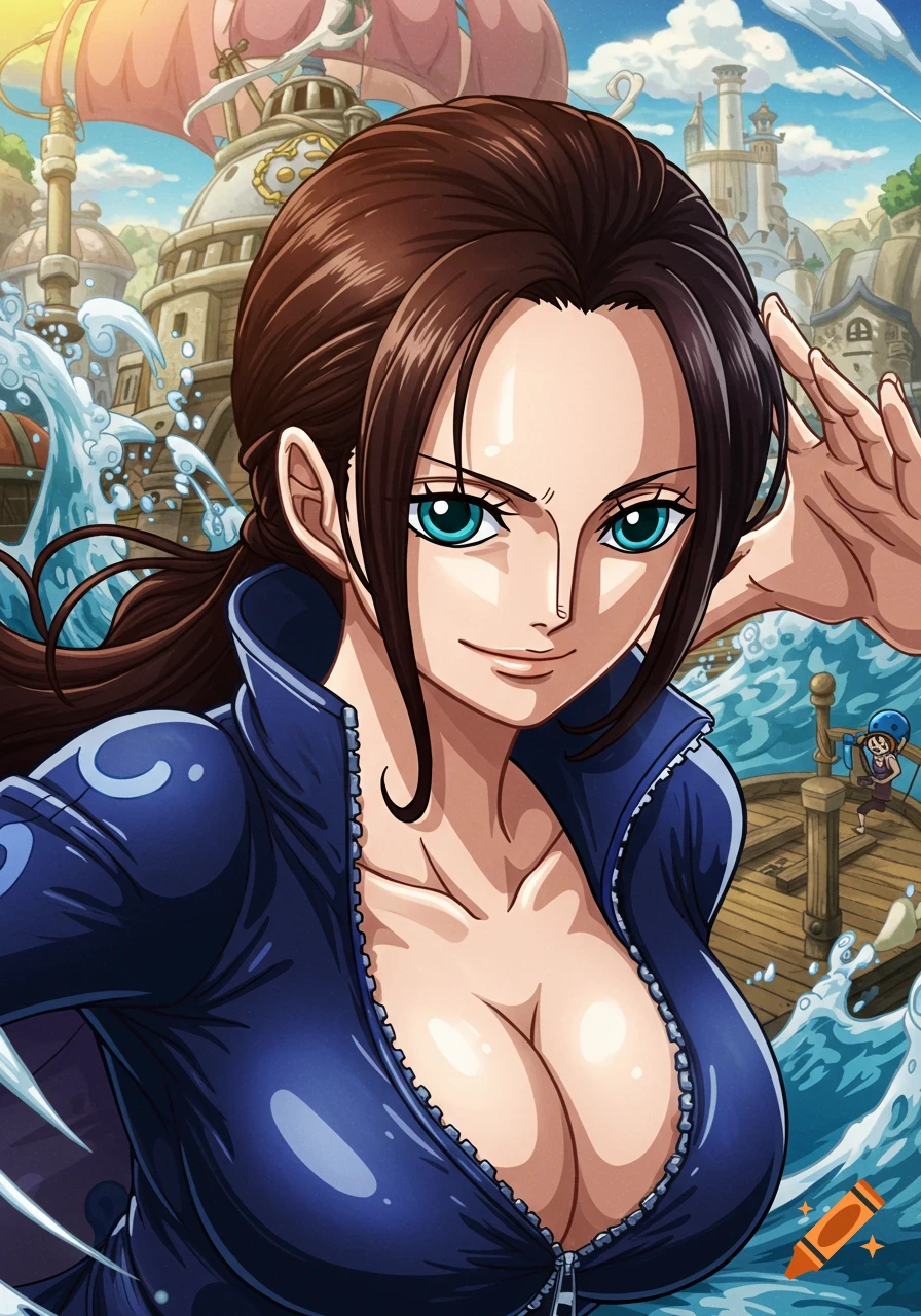Nico Robin from One Piece, with long dark hair and turquoise eyes, wearing a blue unzipped top, against a background of a city and ships on water in anime style.