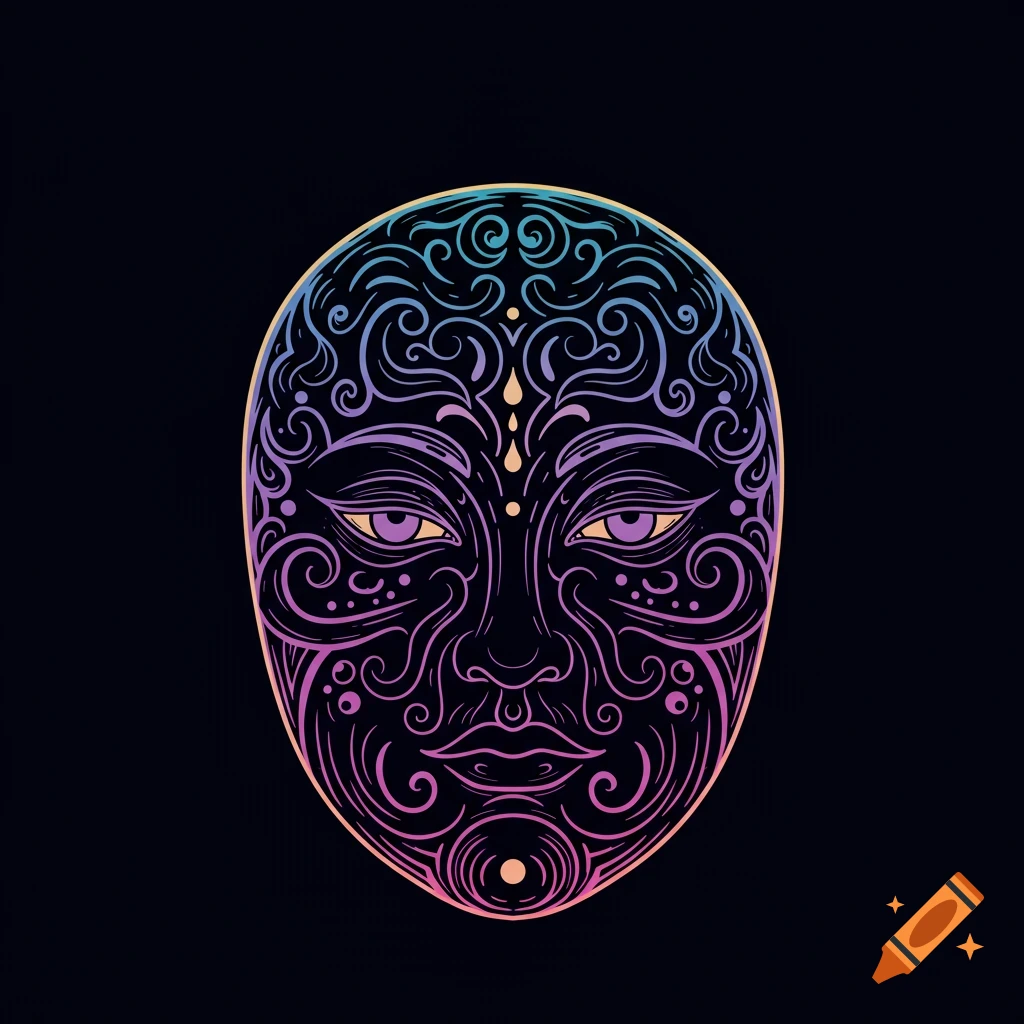 A vibrant, stylized abstract mask with intricate swirling patterns in ...