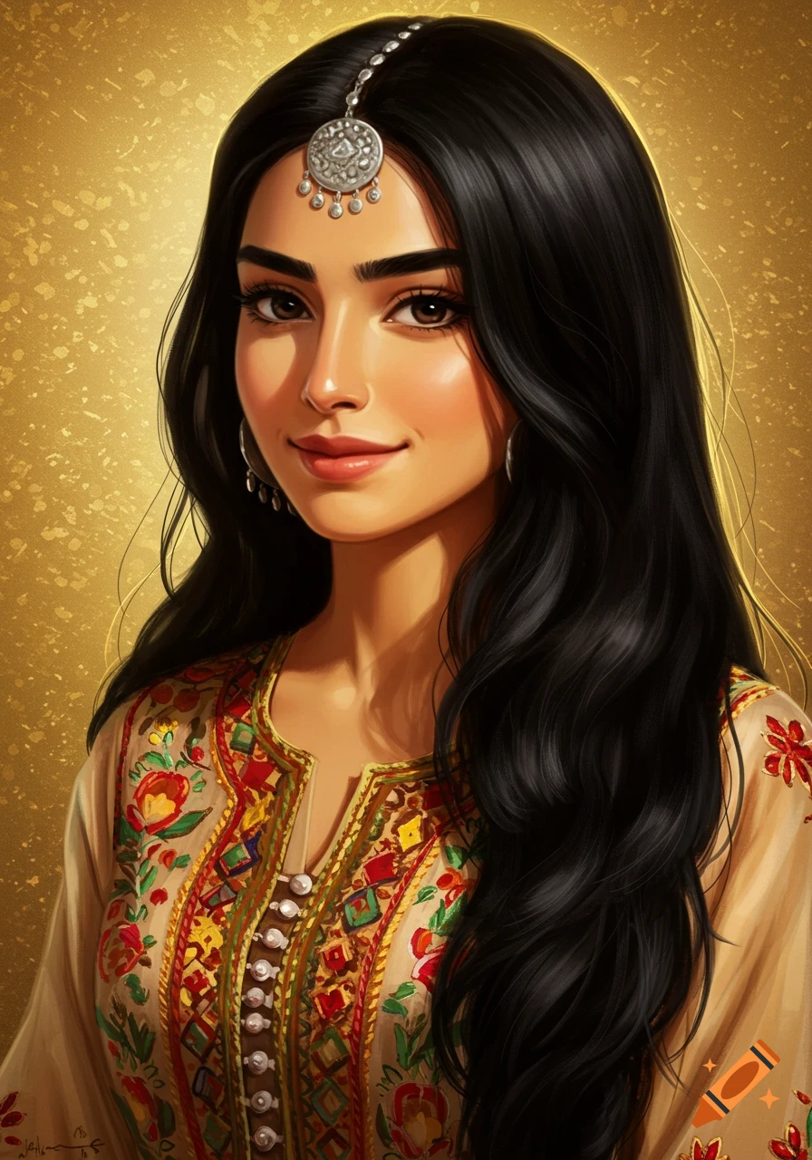 Digital portrait of a woman with long black hair, wearing a traditional embroidered dress and a silver forehead ornament.